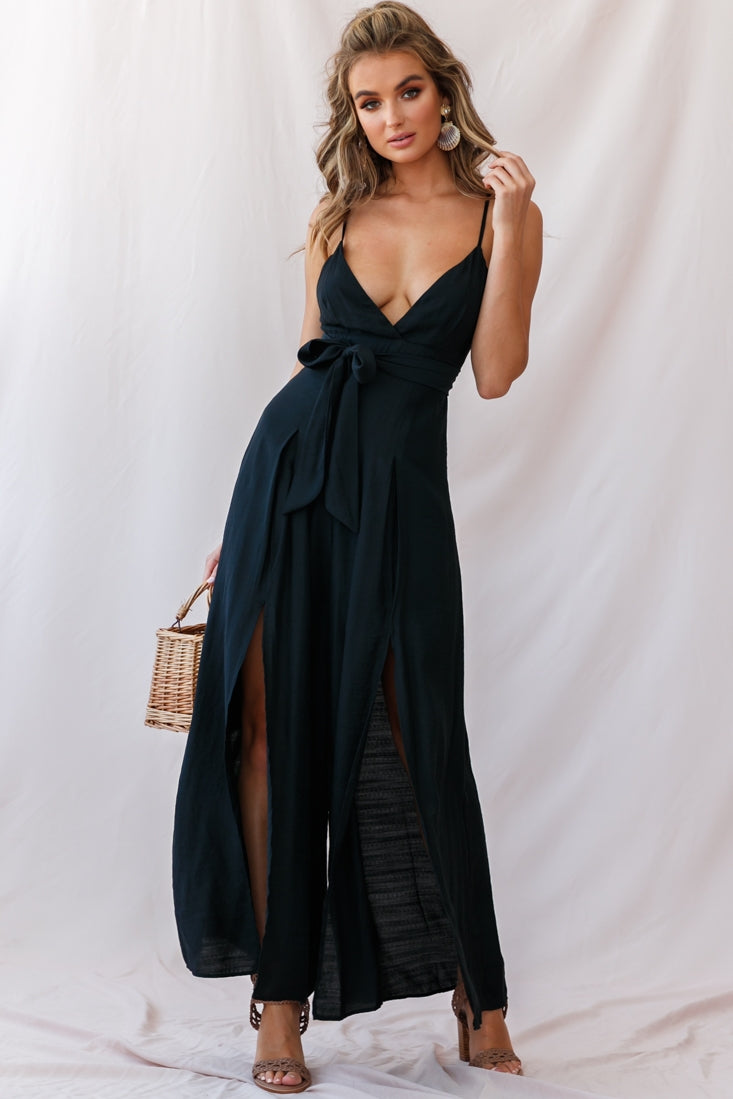 Shop the Taylor V-Neck Split Wide Leg Jumpsuit Black | Selfie Leslie