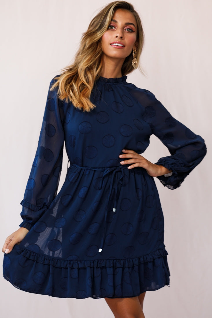 Shop the Tracee High Neckline Sheer Sleeve Polka Dot Dress Navy ...