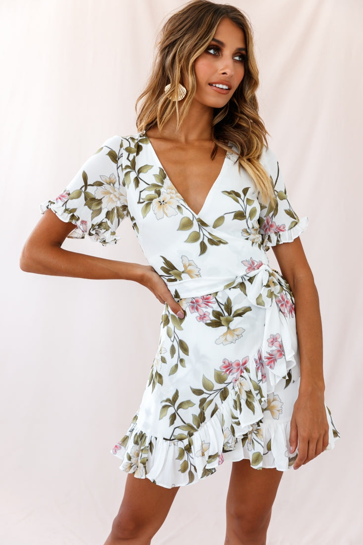 Shop the Omara Floral Wrap Ruffle Trim Dress White | Selfie Leslie