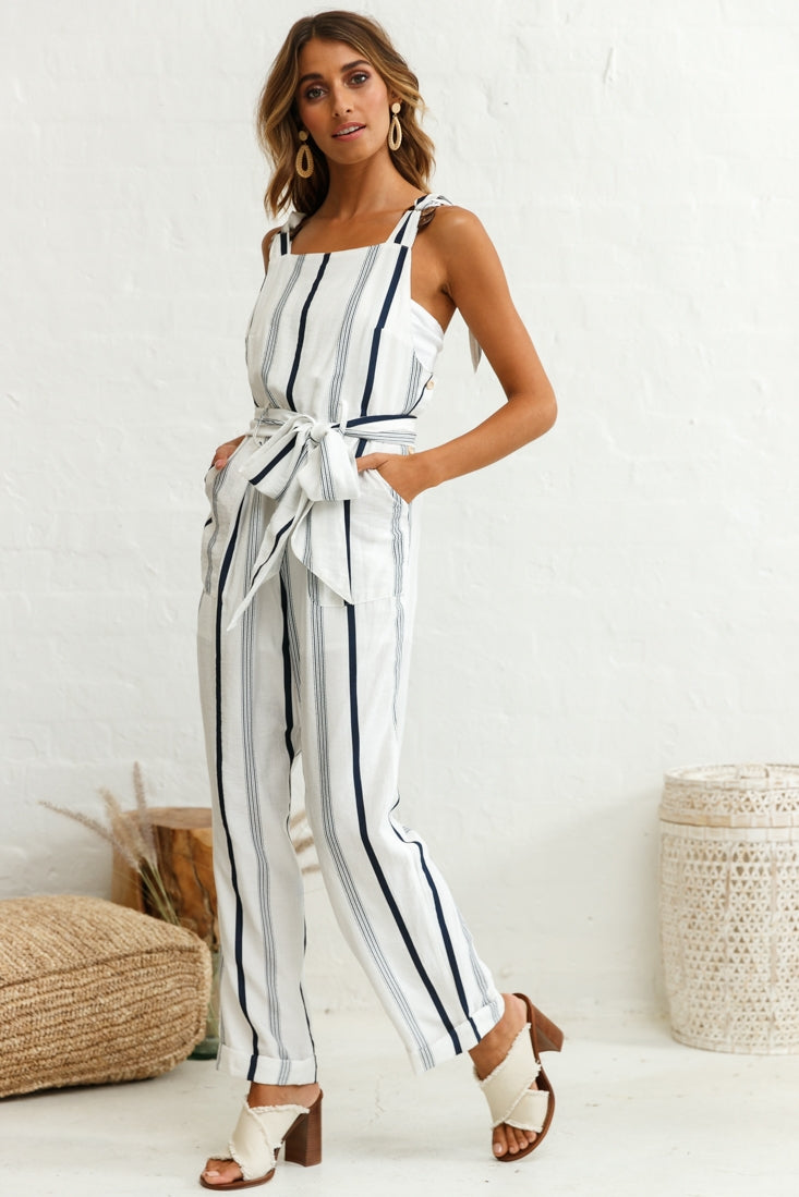 Shop the Fresno Straight Leg Pinafore Jumpsuit Stripe Print Navy ...