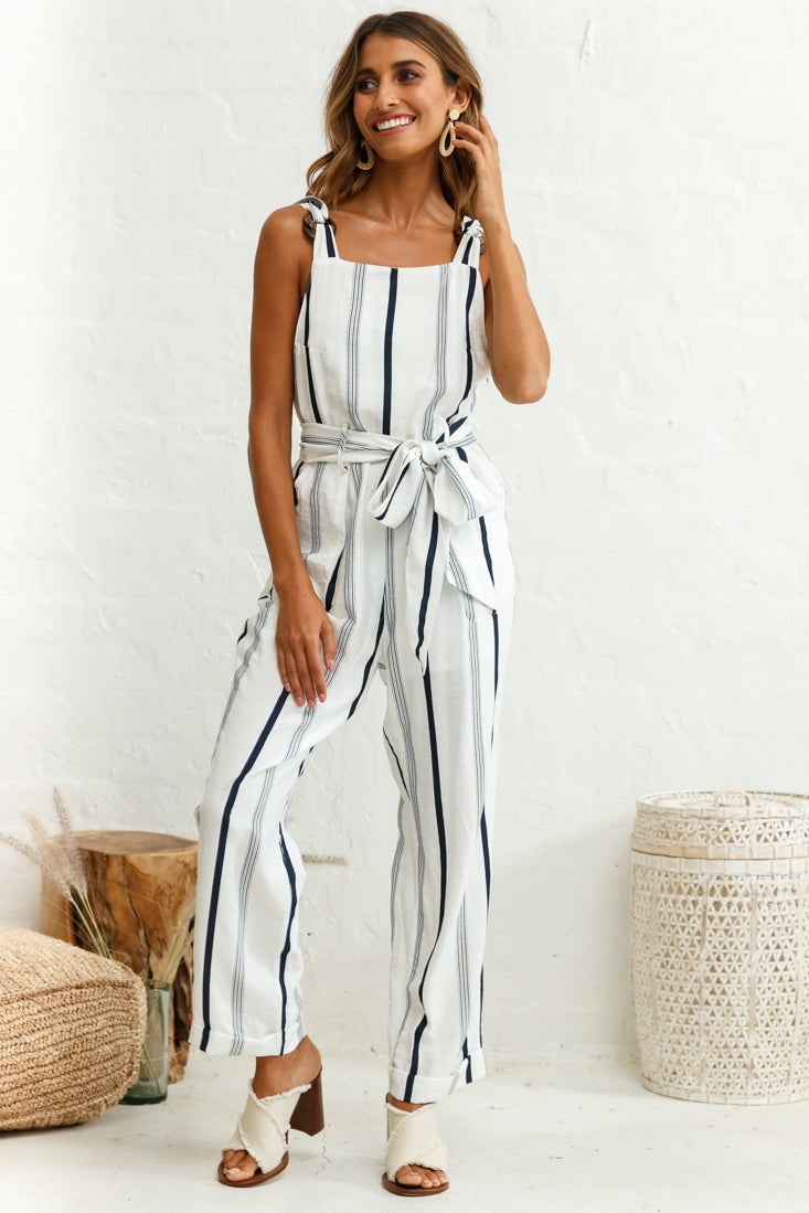 Shop the Fresno Straight Leg Pinafore Jumpsuit Stripe Print Navy ...