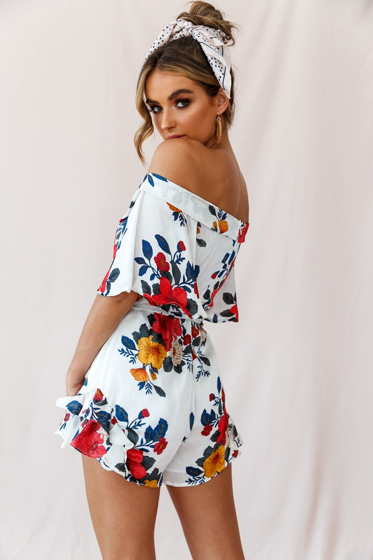 Shop the Ambrosia Off-Shoulder Floral Romper White | Selfie Leslie