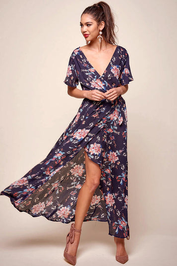 Shop the Cheri Floral Wrap Maxi Dress Navy | Selfie Leslie