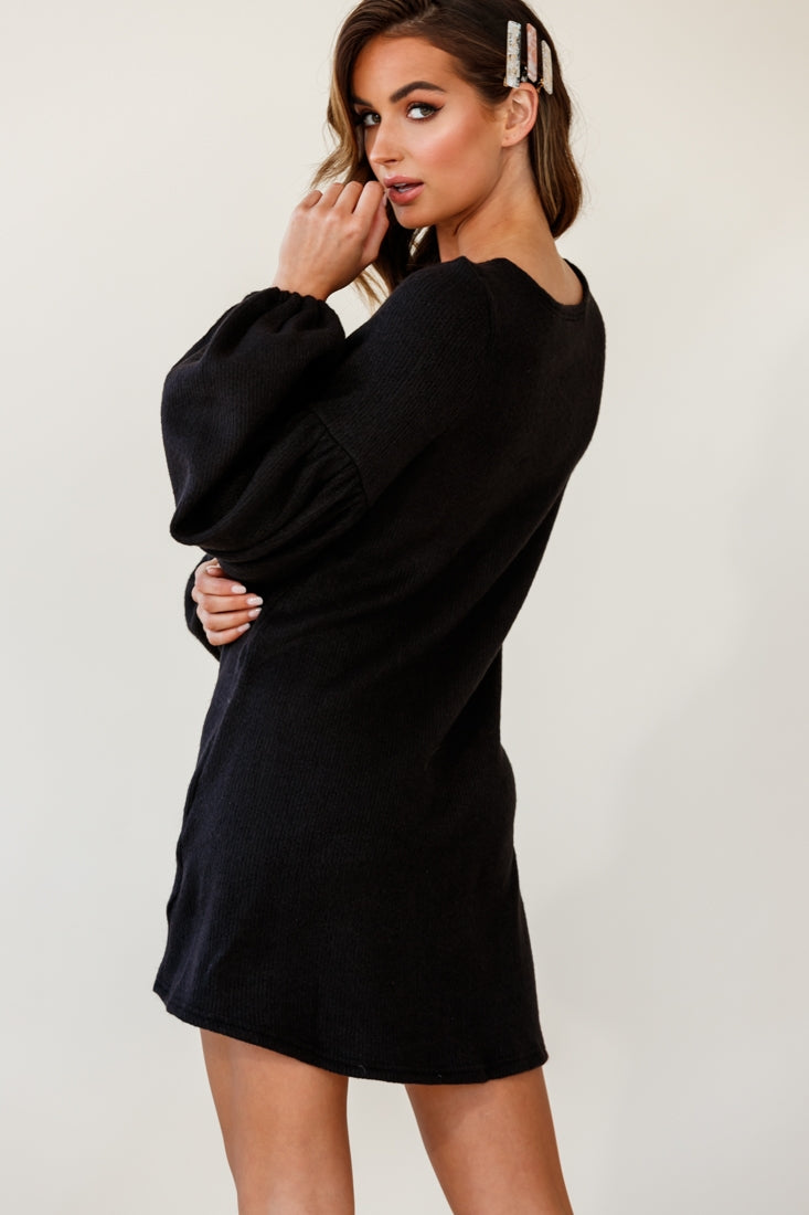 Shop the Morais Puff Sleeved Sweater Dress Black | Selfie Leslie