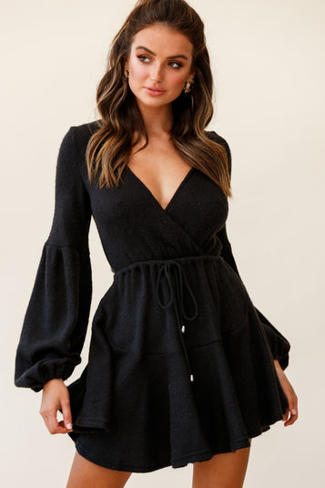 Shop the Annalise Long Sleeve Drawstring Knit Dress Black | Selfie Leslie