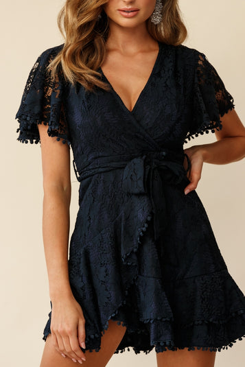 Shop the Cami Angel Sleeve Faux Wrap Dress Navy Lace | Selfie Leslie
