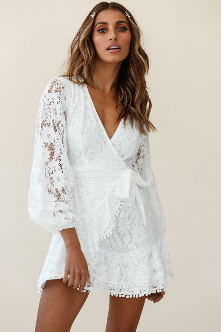 Shop the Cami Balloon Sleeve Faux Wrap Dress Lace White | Selfie Leslie