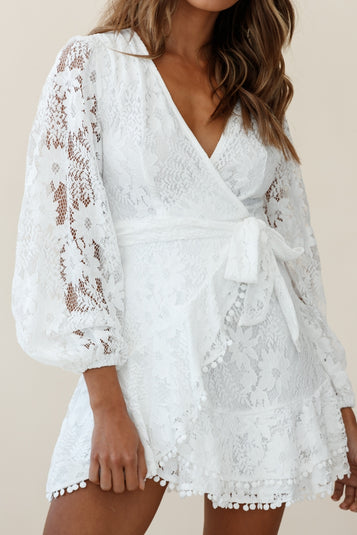 Shop the Cami Balloon Sleeve Faux Wrap Dress Lace White | Selfie Leslie