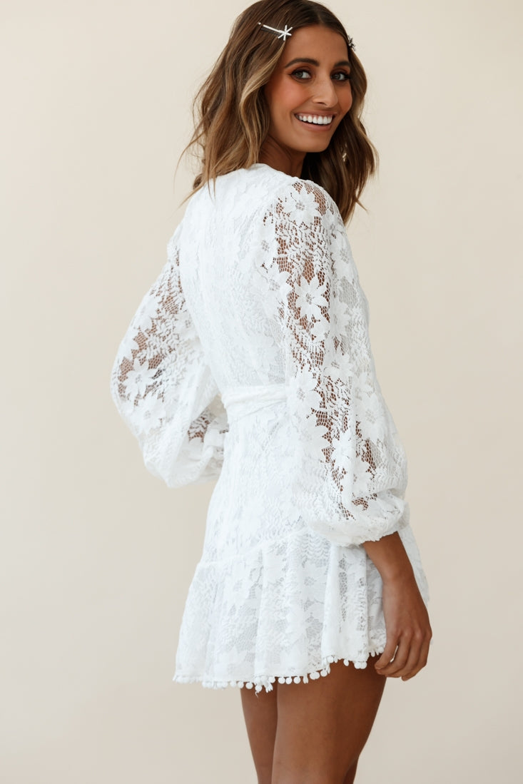 Shop the Cami Balloon Sleeve Faux Wrap Dress Lace White | Selfie Leslie