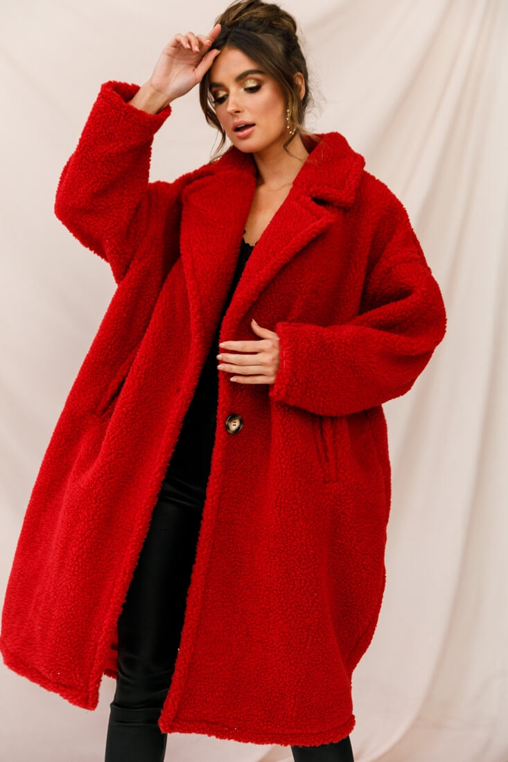 Shop the Berlin Notched Lapel Longline Fleece Coat Red | Selfie Leslie