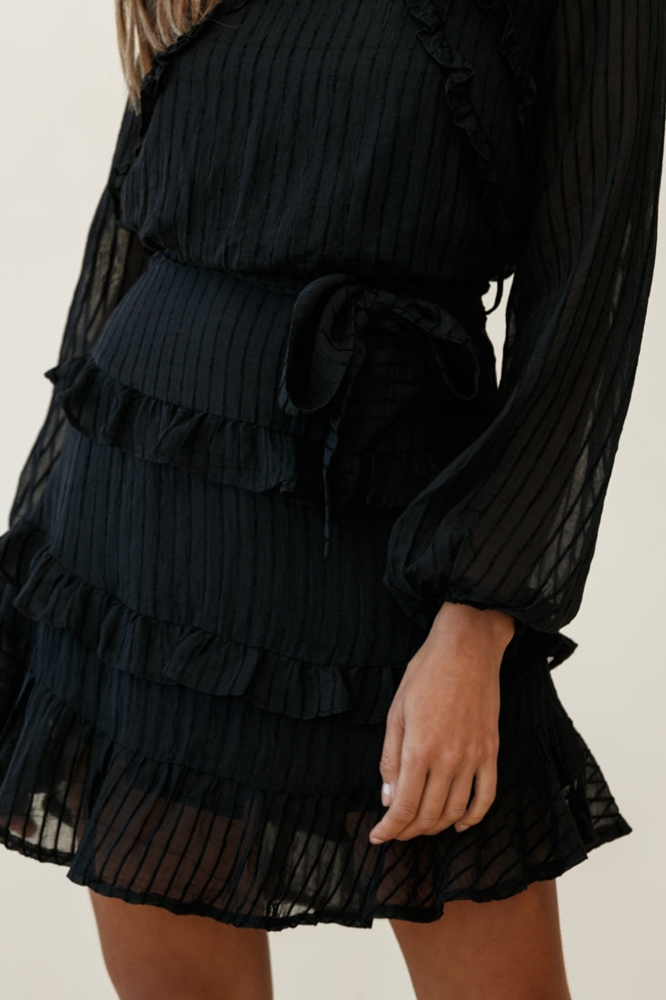 Shop the Dusk Long Sleeve Waist Tie Frill Dress Sheer Stripe Black ...