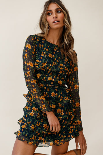 Shop the Charmaine Long Sleeve Tiered Frill Dress Floral Print Navy ...