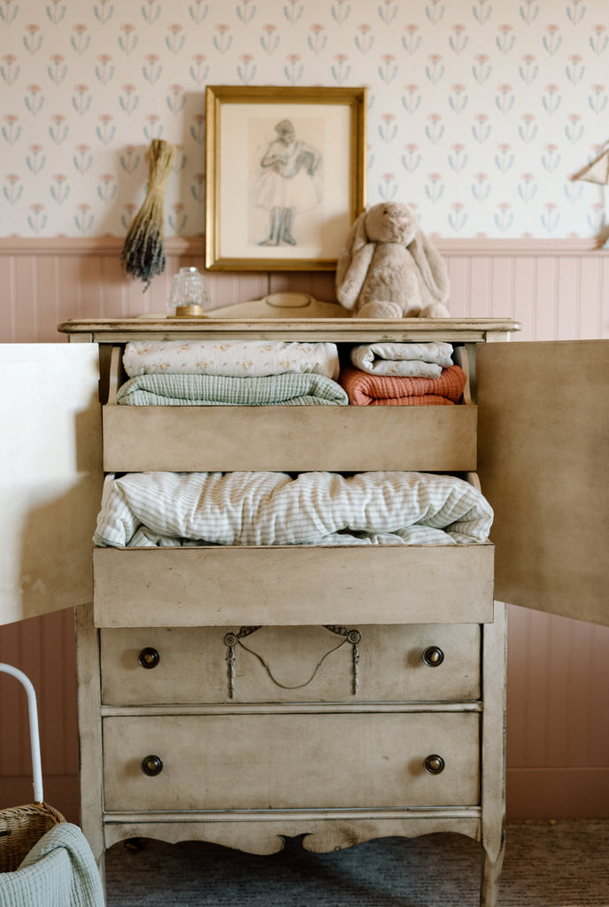 vintage dresser with Dainty Floral bedding