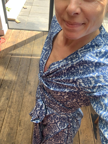 Rebecca wearing houli wrap dress