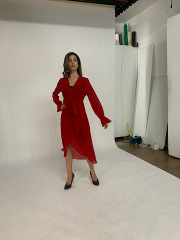 nettie wearing houli the wrap dress in red