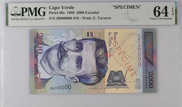 Cape Verde 2000 Escudos 1999 P 66 s SPECIMEN Choice UNC PMG 64 EPQ