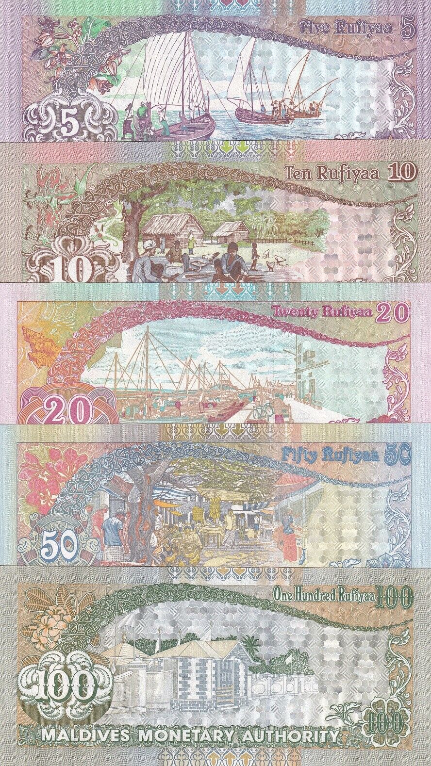 Maldives Set 7 UNC 5 10 20 50 100 500 1000 Rufiyaa 2015-2022