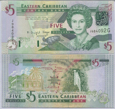 East Caribbean 5 Dollars ND 2003 P 42Av GREEN FISH EYE GEM UNC PMG 65 –  Noteshobby