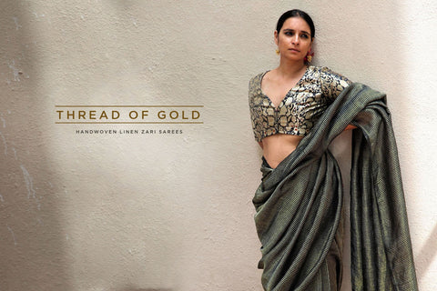 Jade Handwoven Linen Zari Saree with Brocade Blouse | Saree for women | Saree new design | Chidiyaa