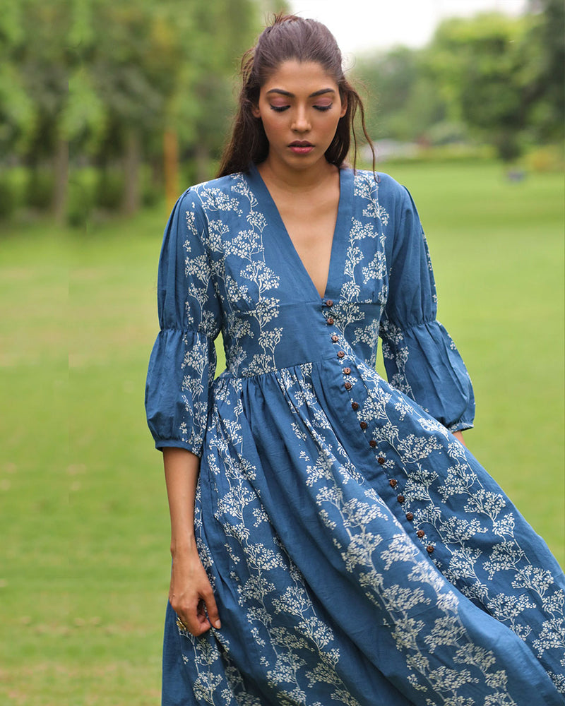 Blue Floral Block Printed Front Slit Cotton Dress - MON
