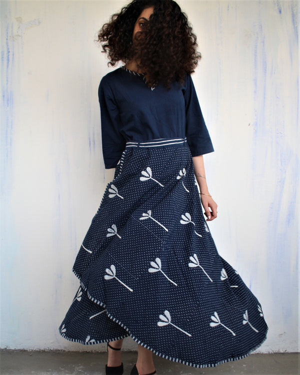 Beige blue blockprinted bel dress| Chidiyaa – Chidiyaa