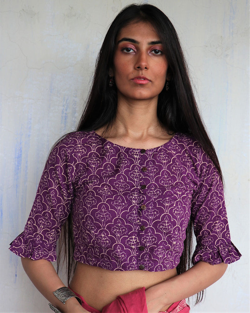 Purple pure cotton blockprinted blouse-Ajooni