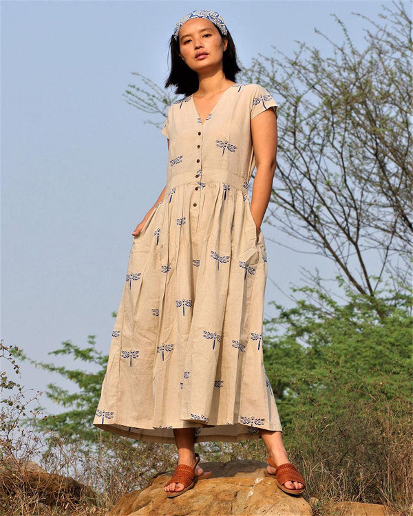 Beige blue blockprinted bel dress| Chidiyaa