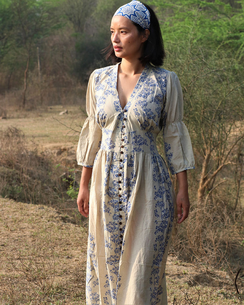 Beige blue blockprinted bel dress| Chidiyaa