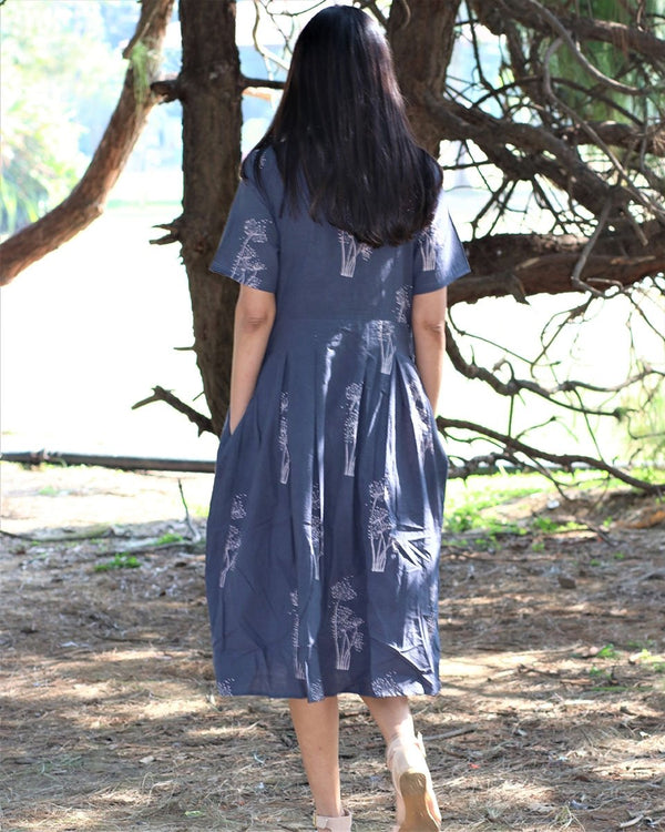 Blue Zigzag Blockprinted Cotton Silk Freesize Dress | Chidiyaa