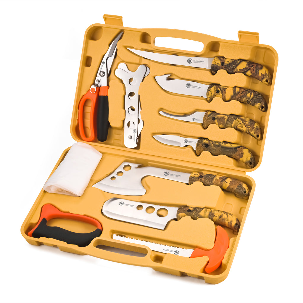 hunting-deer-knife-set-field-dressing-kit-portable-butcher-game-processor-set-12-pieces-yellow