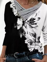 Floral Color Block Printed Cowl neck Casual Hippie Long Sleeve Loosen Shirts & Tops