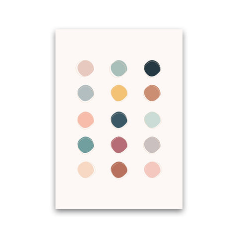 An abstract pastel wall art print with pale pink, pale yellow, pale blue, pale green, pale grey dots