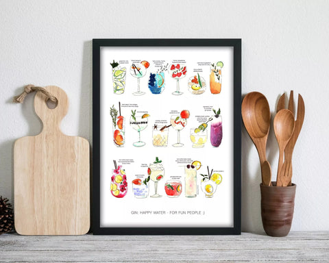 A kitchen art print featuring a watercolour painting with various cocktails in a kitchen setting with utensils and a chopping board.