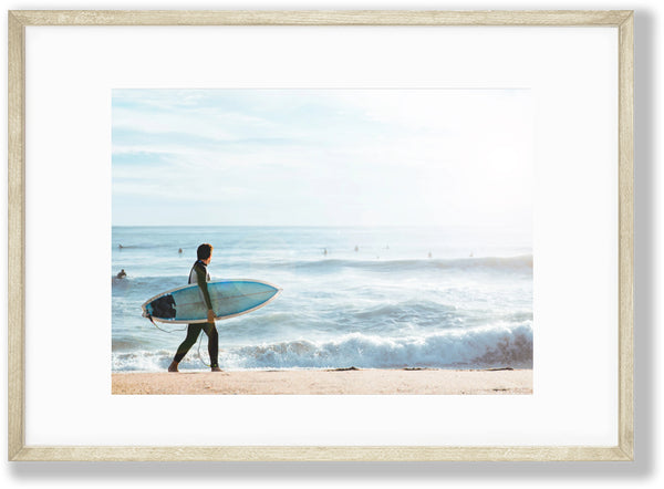 Pray for Surf, beach photography art print by Gal Design featuring surfer and sea