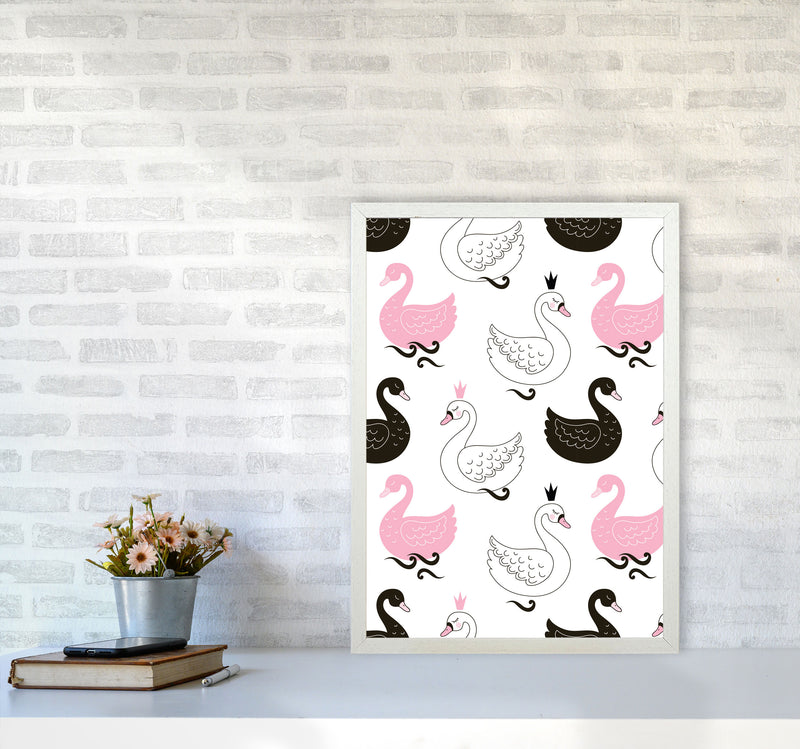Pink Black And White Swan Pattern Modern Print Animal Art Print A2 Oak Frame