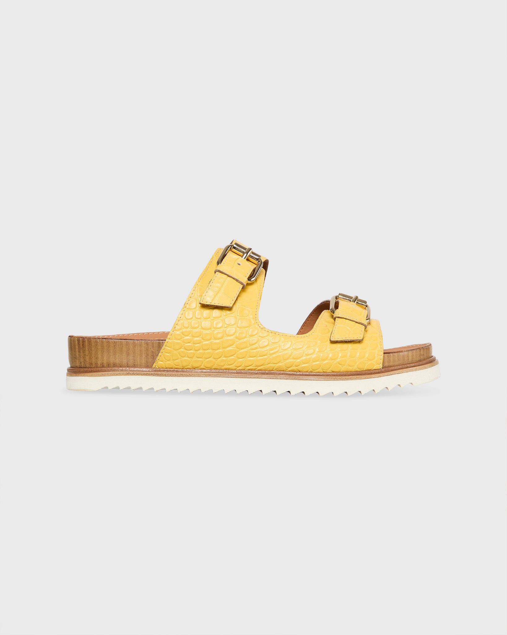 Double-Buckle Platform Slide in Yellow Embossed Leather