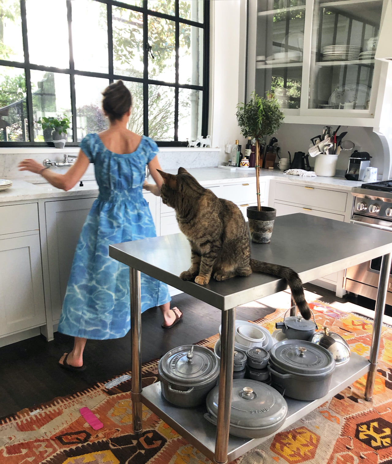 shot of Ann from the back in a blue and white midi-length housedress in her kitchen with a tabby cat on the kitchen island