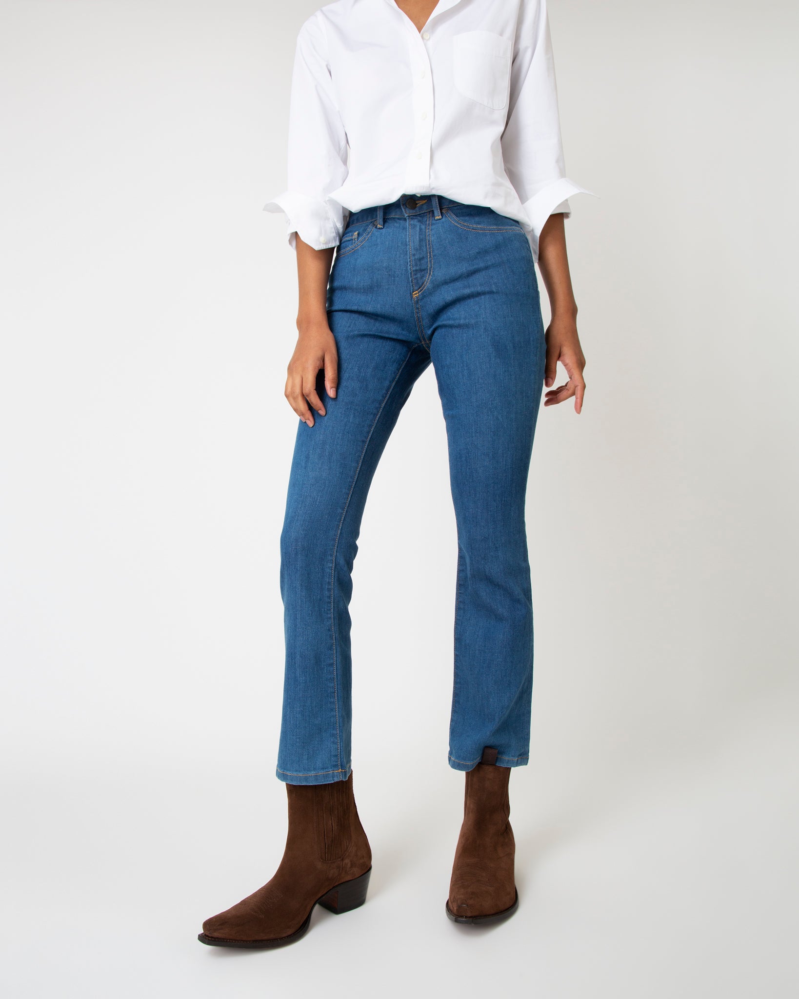 Flare Cropped 5-Pocket Jean in 3-Year Indigo Stretch Denim | Shop Ann ...