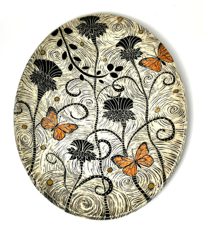 Butterflies and Thistles with Gold, Handmade Ceramic Platter