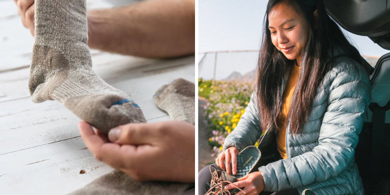 On the left is an image of man holding a pair of comfortable socks from Shoe Mill. On the right is a woman adding insoles from Shoe Mill to her favorite combat boots.