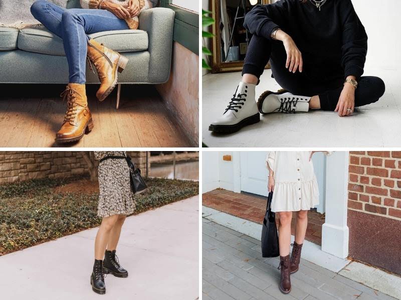 A two-by-two grid of pictures of women wearing combat boots. Top left features brown combat boots paired with blue jeans. Top right features white combat boots paired with black pants. Bottom left features black combat boots paired with a short dress with a floral pattern and a black handbag. Bottom right features burgundy combat boots paired with a short white dress and a black handbag.