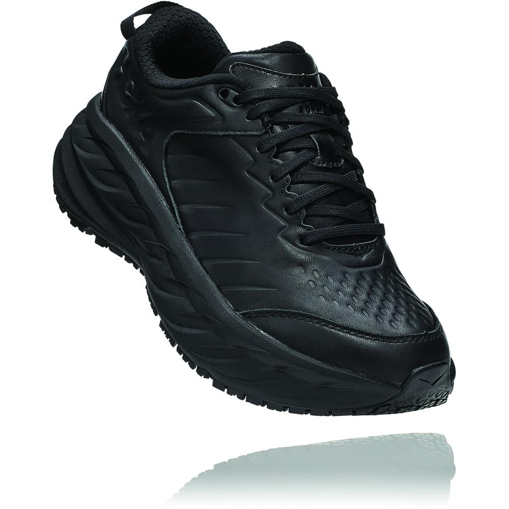 Women's Hoka Bondi Slip Resistant Leather in Black/ Black. Sku: 1110521BBLC  — Shoe Mill