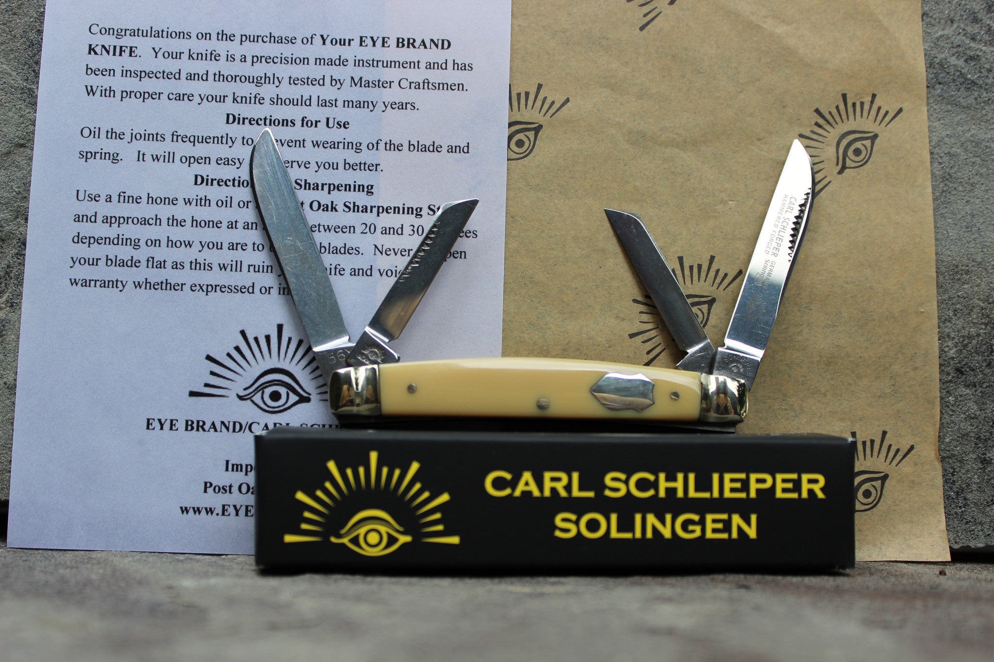 Eye Brand Baby Congress Knife - Hammer Forged Solingen Carbon Steel Blades  - Yellow Composition Handle - German Made
