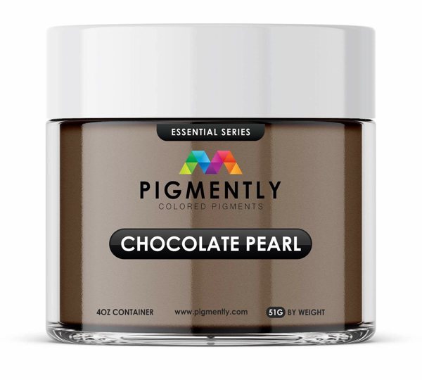 A sealed container of Pigmently's Chocolate Pearl Mica Powder, seen from the front to show the label.