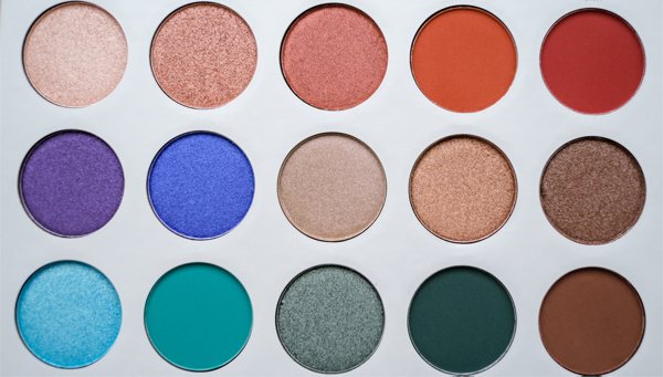 A palette of eye shadow cosmetics.