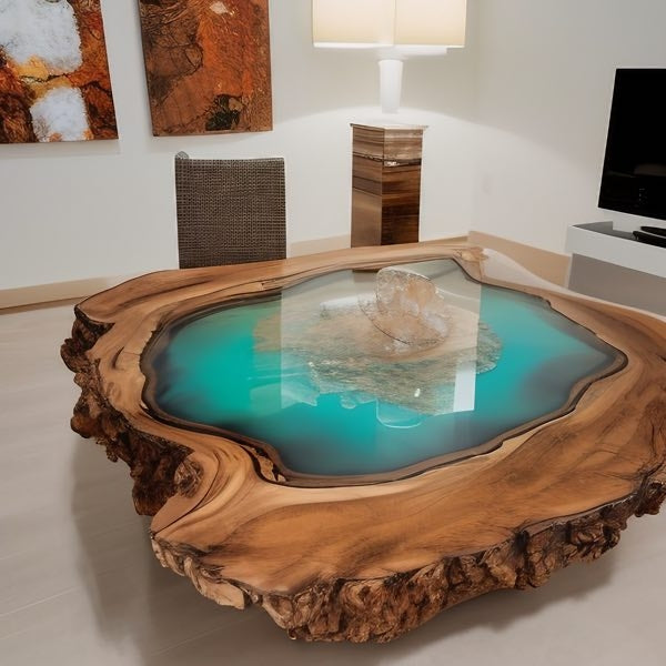 An epoxy resin table, made with a very large slab of wood, epoxy resin, and Pigmently's River Table Turquoise mica powder.
