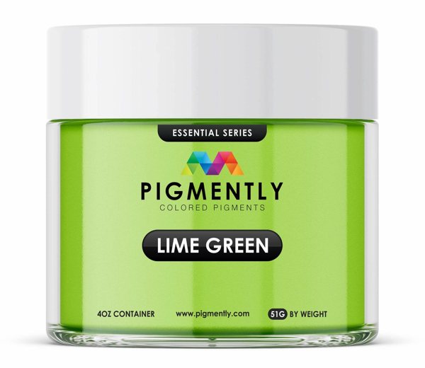 A sealed container of Lime Green by Pigmently, a signature mica green powder pigment.