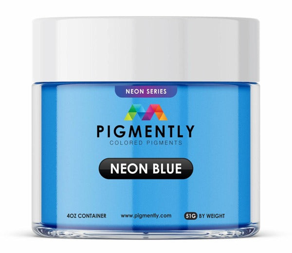 A sealed container of Neon Blue, a signature blue mica by Pigmently.