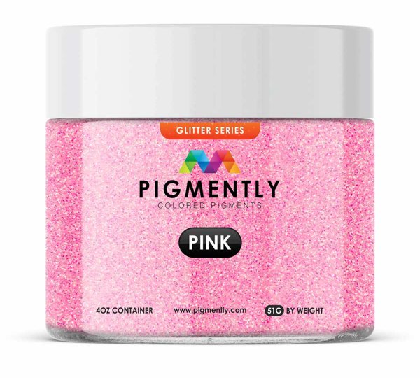 A sealed container of Pigmently's Pink Glitter Mica Powder Pigment, seen from the front.