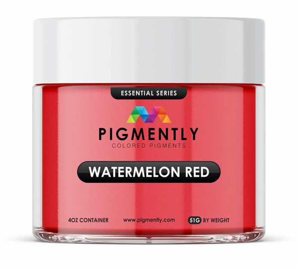 A sealed container of Pigmently's Watermelon Red Pigment, see from the front.